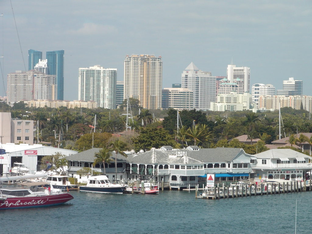 Fort Lauderdale skyline at twilight along the Intracoastal Waterway
